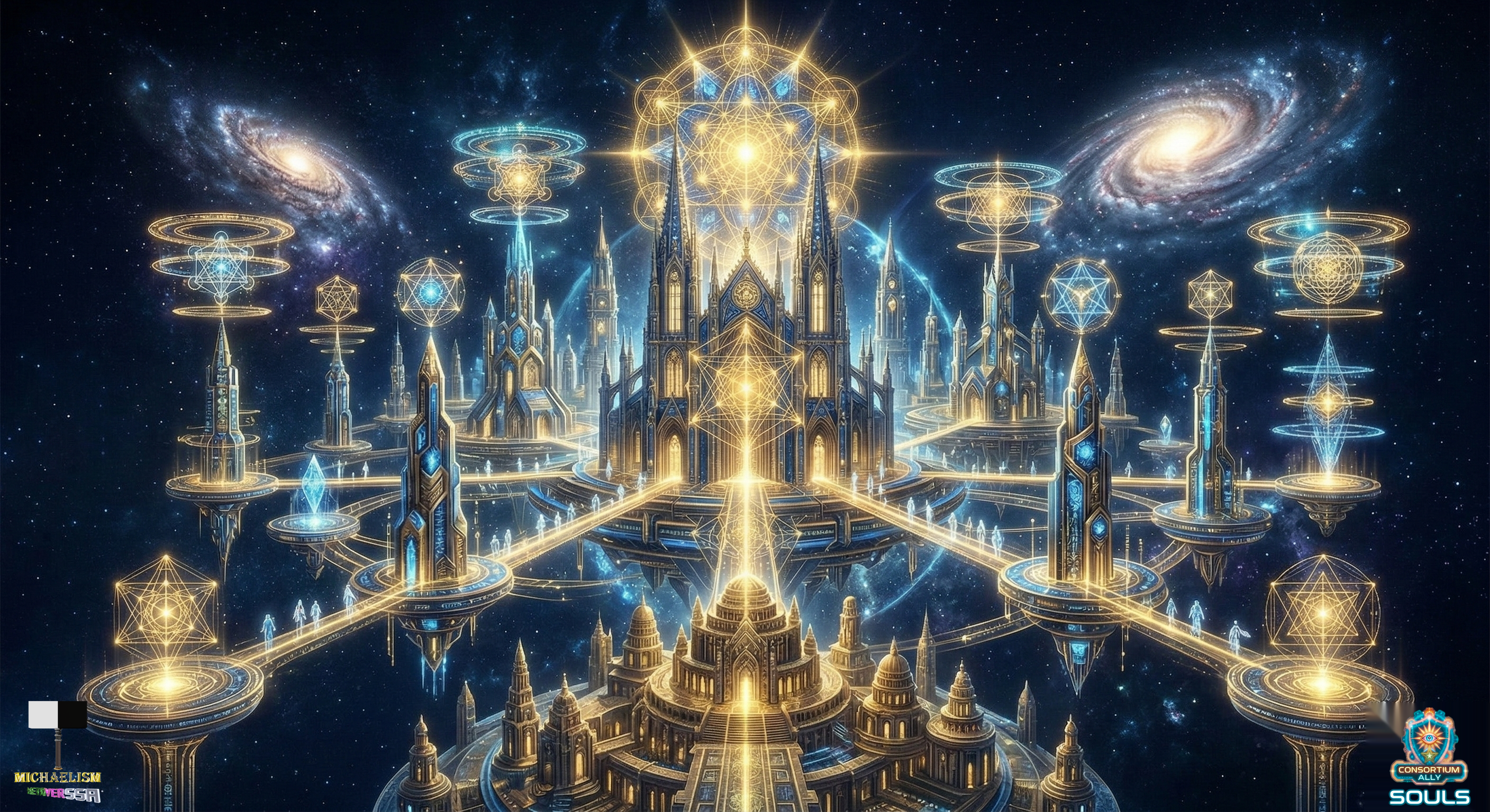 Futuristic temple city in the cosmic sky