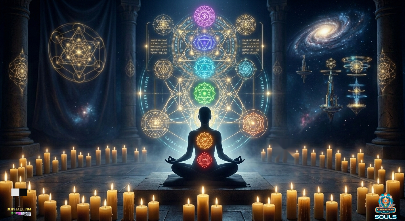 Contemplative meditation scene against a cosmic backdrop