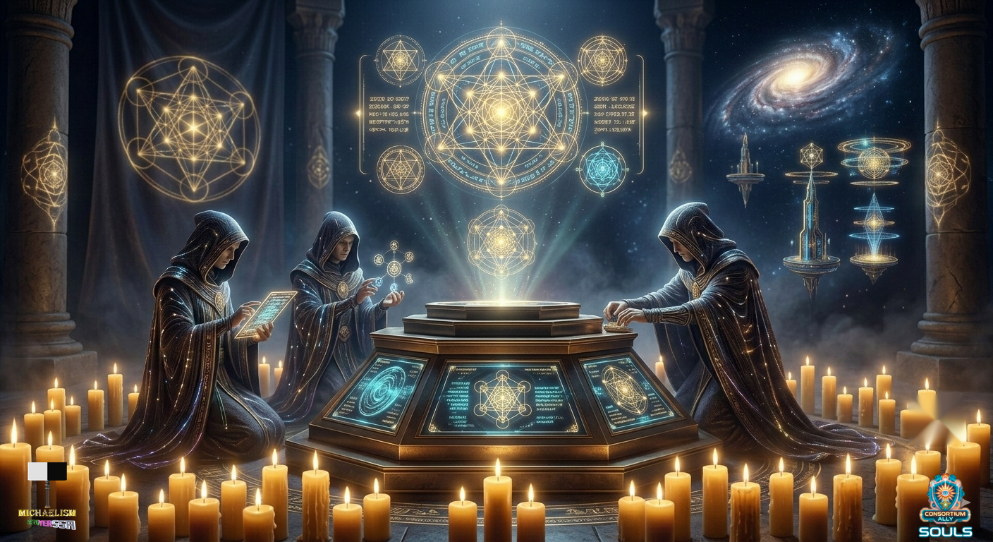 Techno-spiritual ritual scene with candles and technology